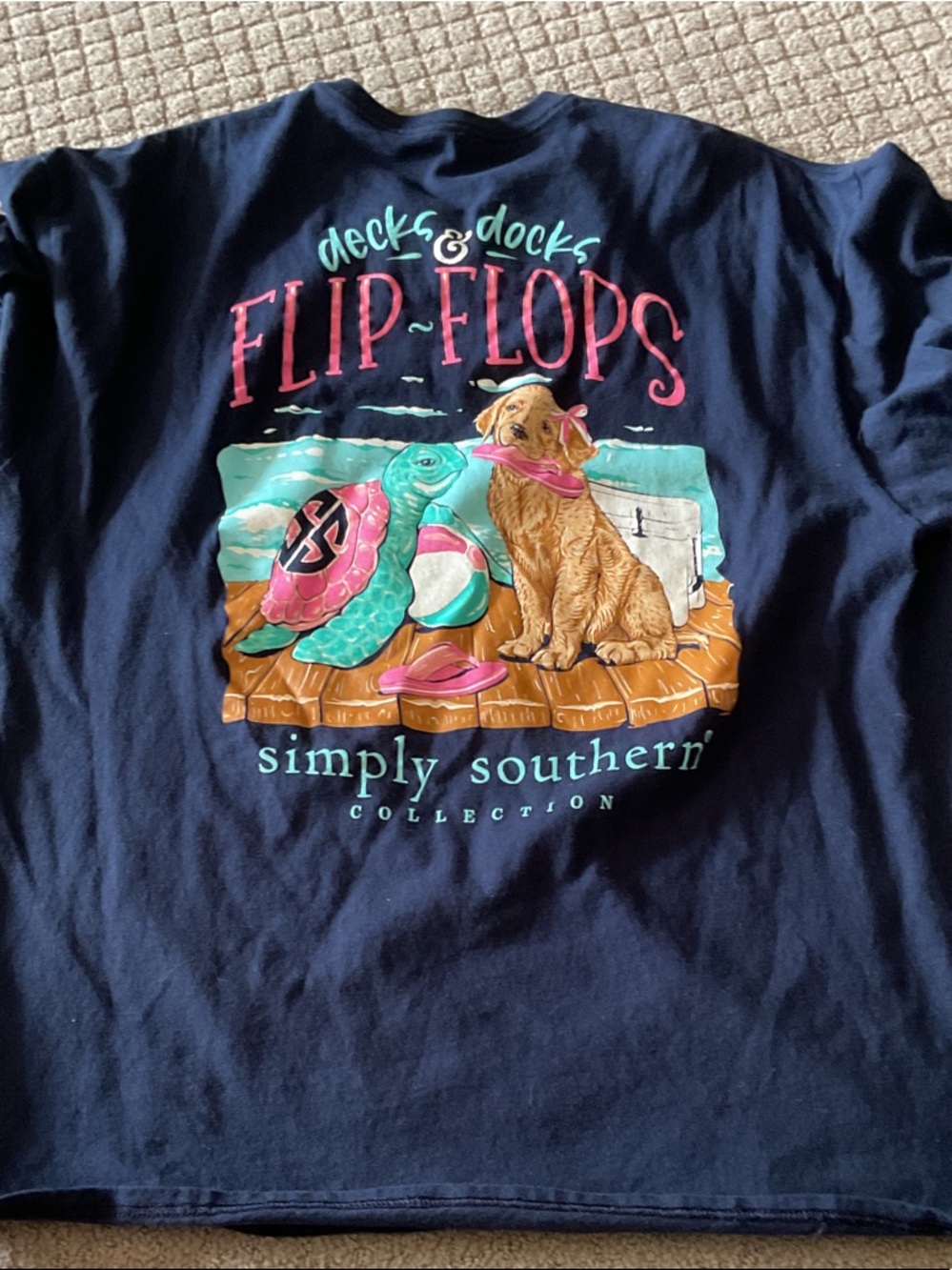 Simply Southern Navy Graphic Tee with Pink and Teal Dock Design